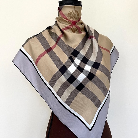 Display # 3 Burberry Scarf Classic Beige Check Gray Border Silk Wrap - Picture 2 of 15